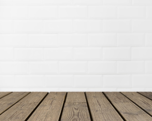 白いレンガの壁を見て木製のテクスチャ