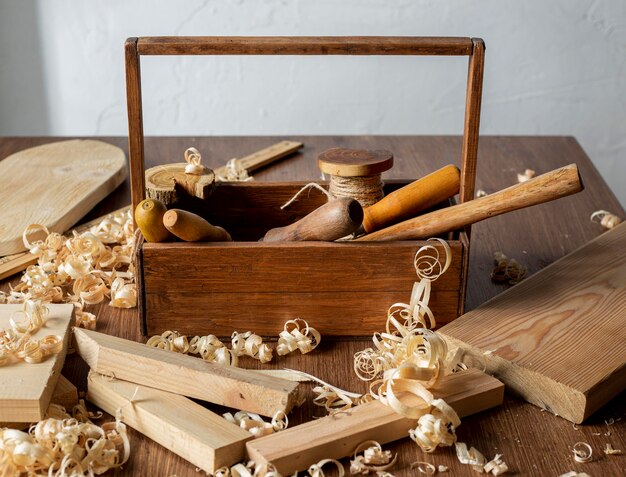 Wooden tool box and sawdust