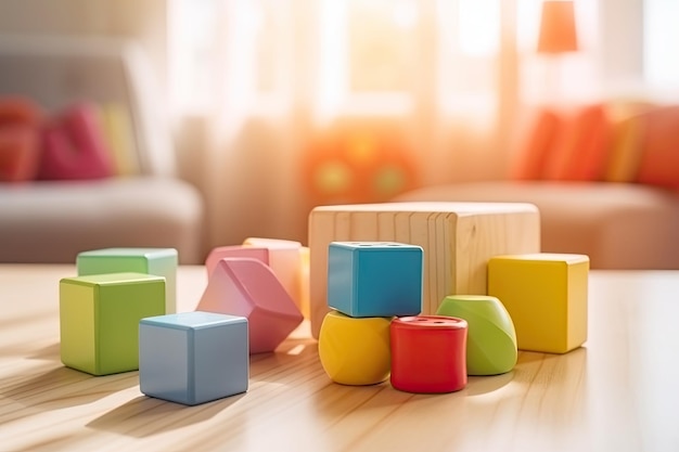 Wooden toy blocks on wooden table in the Children39s room Ai generative