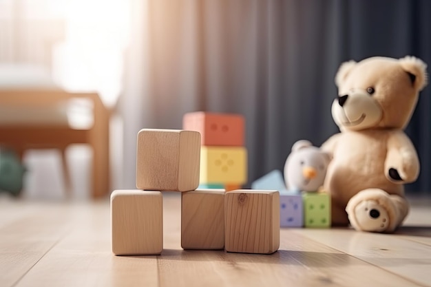 Children39s 部屋の木製テーブルに木製のおもちゃのブロック Ai ジェネレーティブ