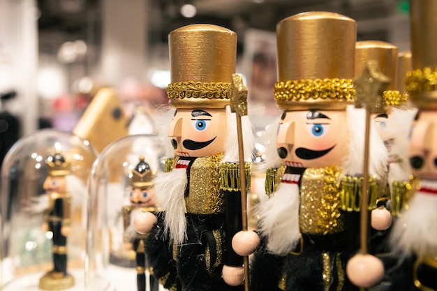 Wooden toy soldiers nutcrackers on the shop window