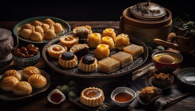 Wooden tray of baked goods indulgent desserts generated by AI