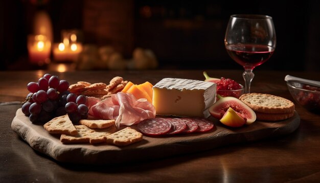 Wooden tray of rustic Italian delicacies feast generated by AI