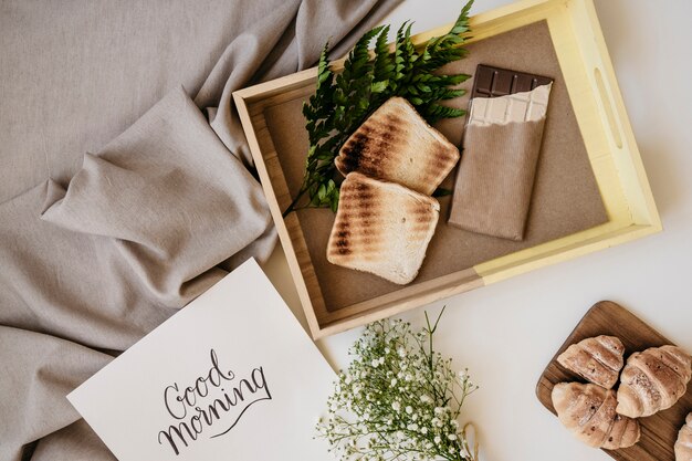 Wooden tray with breakfast and template