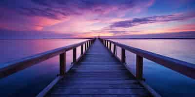 Free photo the wooden walkway leads to beacons of safety as twilight colors the horizon