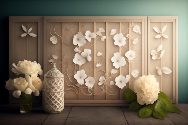 A wooden wall with flowers and a vase with white flowers.