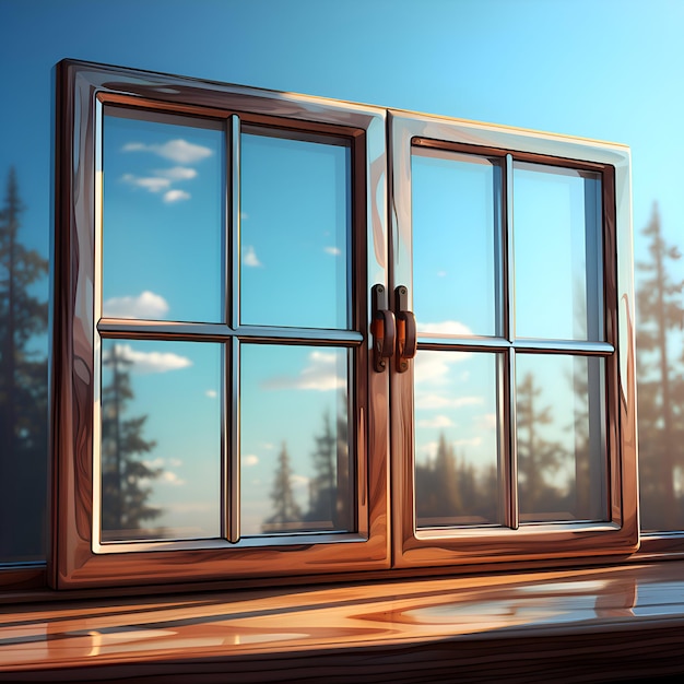 Free photo wooden window on the background of the forest 3d render