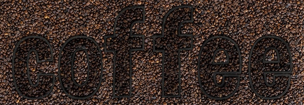 Free photo the word coffee on a background of coffee beans scattered on the surface