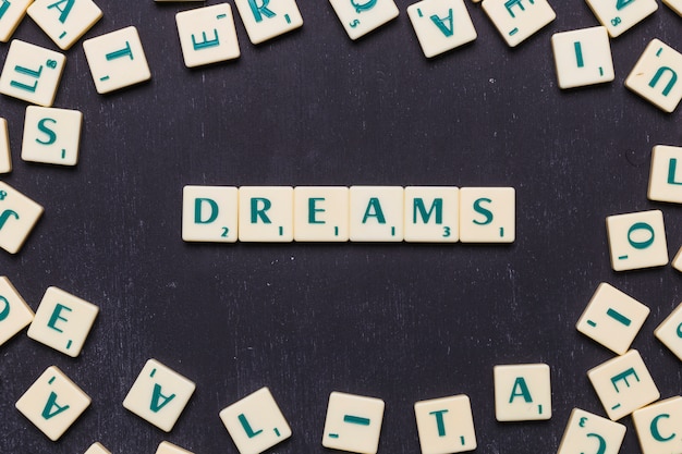 Word dreams in scrabble letters from above