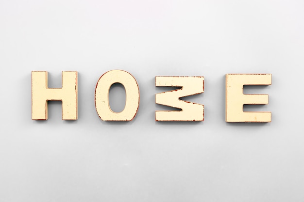 The word home from wooden letters on a white background