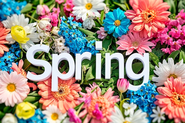 Free photo word quotspringquot made with colorful flowers on white background