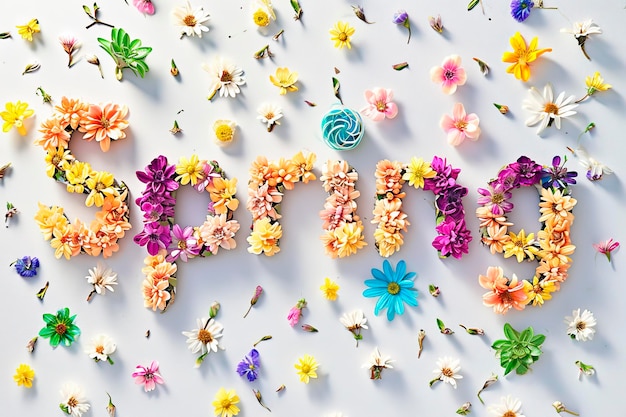 Free photo word quotspringquot made with colorful flowers on white background