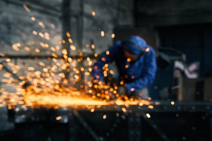 Free Photo worker doing gate by electric steel cutter machine