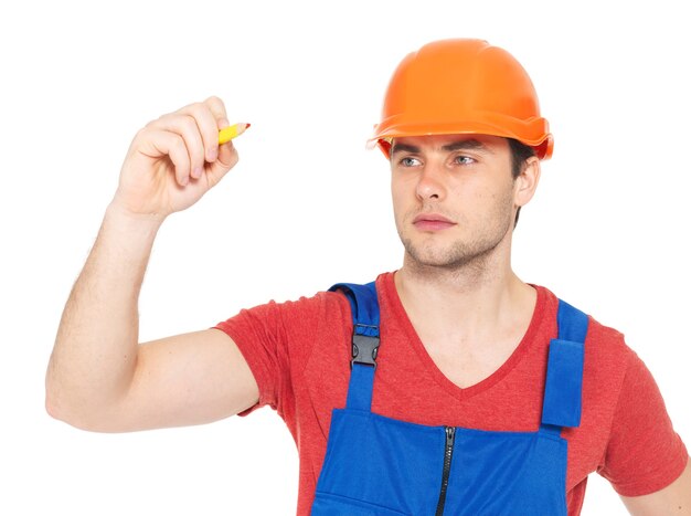 Worker drawing something on screen with red marker, isolated on white