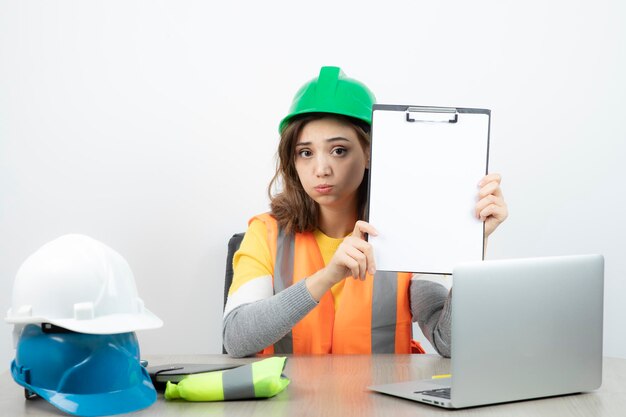 Worker female in uniform sitting at the desk with laptop and clipboard . High quality photo