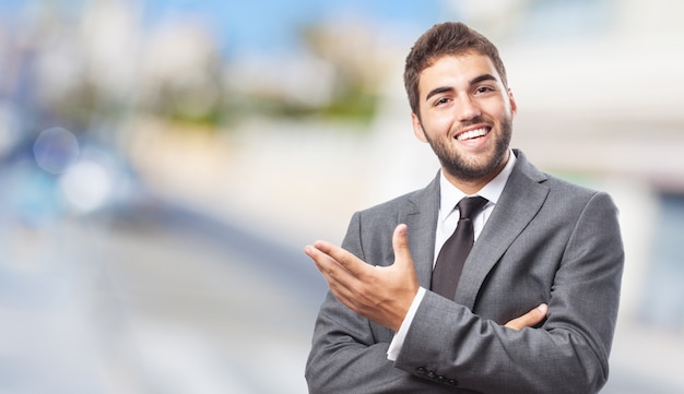 Worker gesturing with his left hand