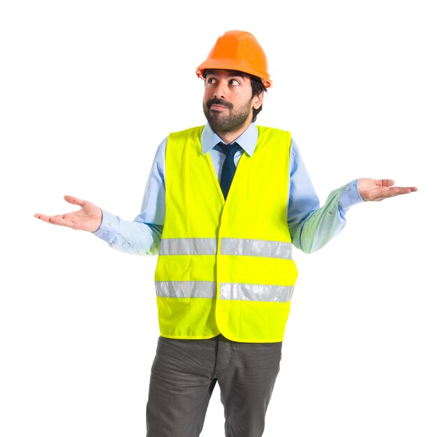 Worker having doubts over white background