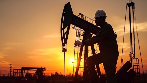 Worker and oil rig in sunset created with generative ai technology