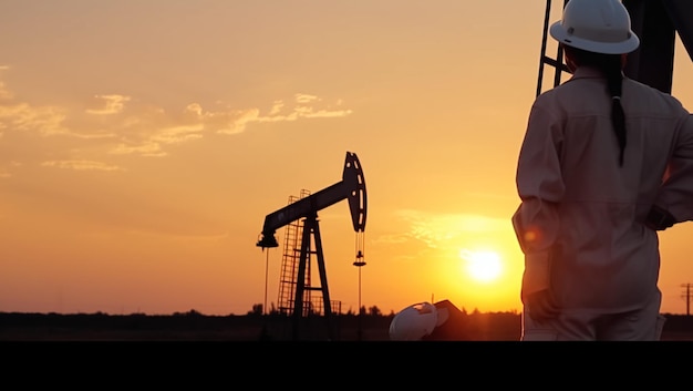 Worker and oil rig in sunset created with Generative AI technology