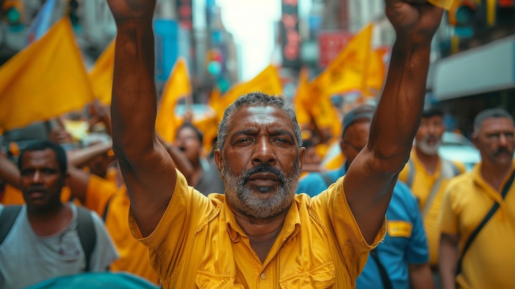 मुफ़्त फोटो श्रमिक अधिकारों के लिए विरोध प्रदर्शन करता हुआ श्रमिक।