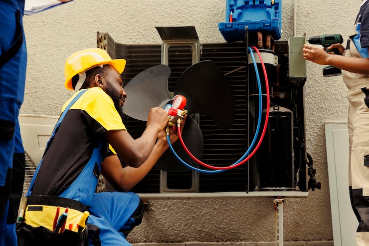 Free Photo worker refilling hvac system refrigerant