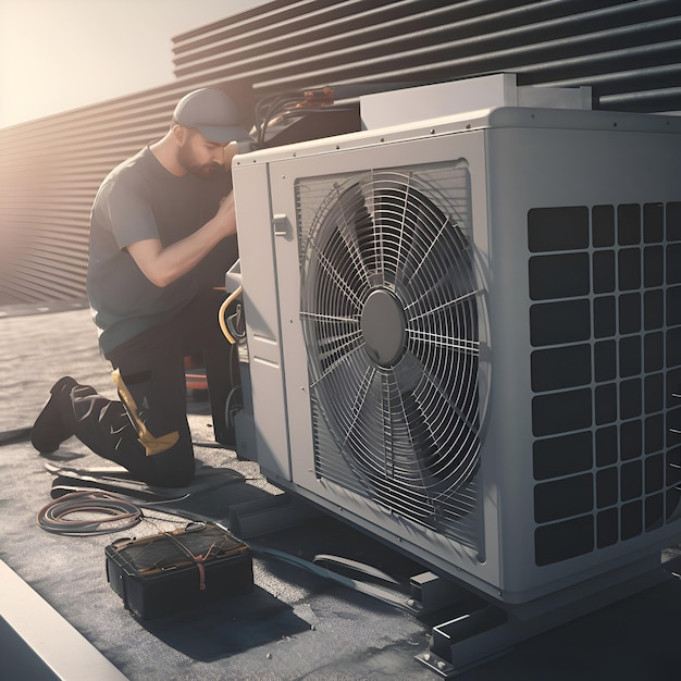 Worker repairing an air conditioner on the roof of a building