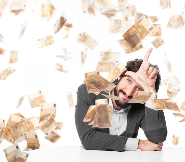 Free photo worker showing a hand gesture while raining money