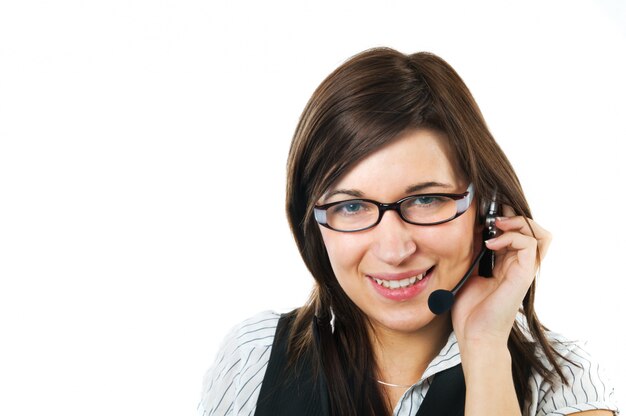 Worker smiling while wearing an headset