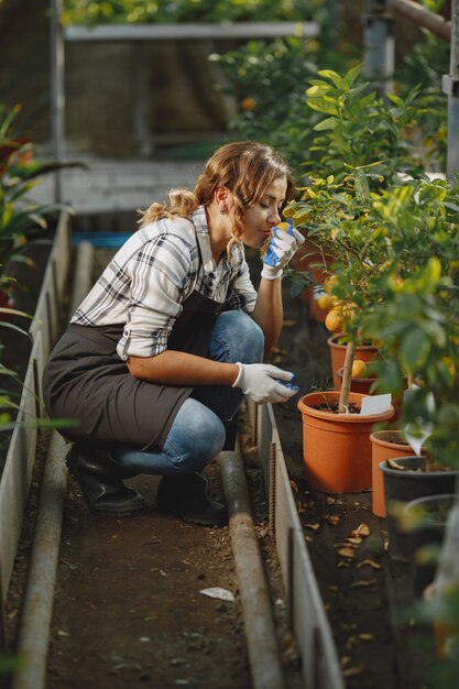 Worker take care to flowerpoots. Girl in a white shirt. Woman in a gloves