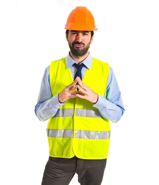 worker thinking over white background
