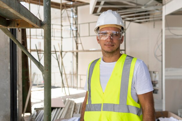 Worker wearing safety glasses on a construction site