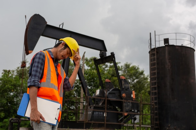 Workers standing and checking beside working oil pumps.