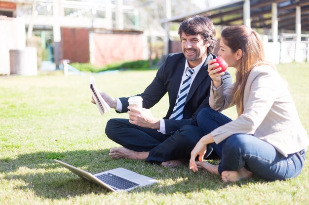 Workers taking a break outdoors