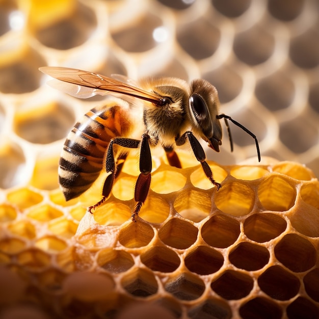 Рабочая пчела наполняет соты медом