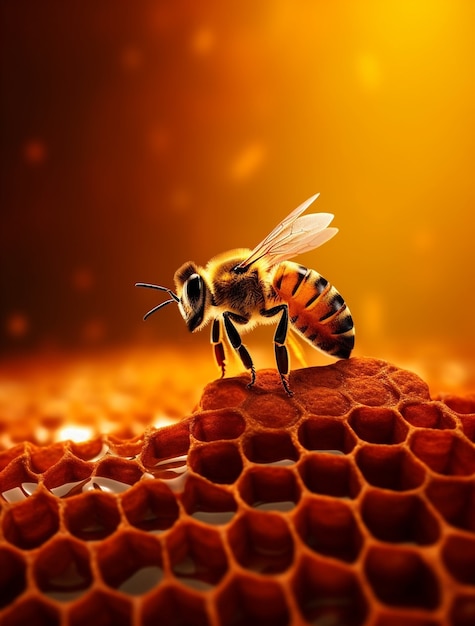 Рабочая пчела наполняет соты медом