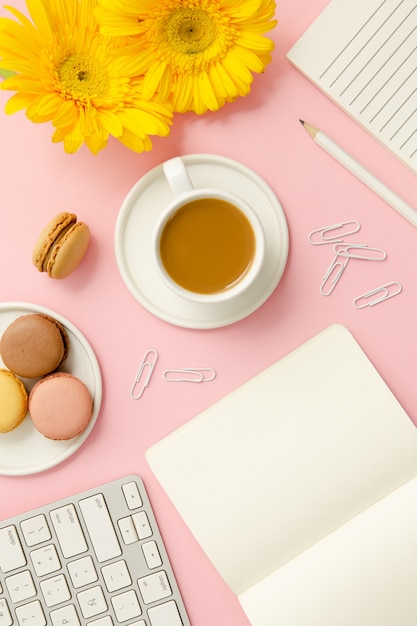 Working woman pink desk