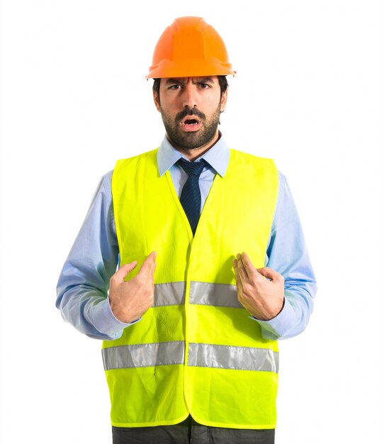 workman doing surprise gesture