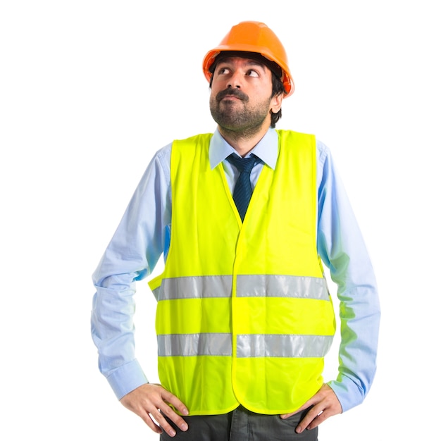 Free photo workman having doubts over white background