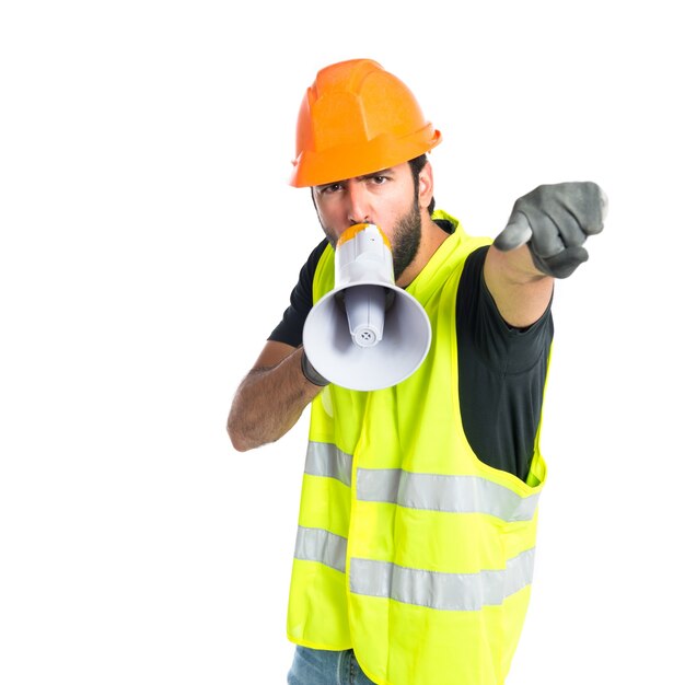 Workman shouting over isolated white background