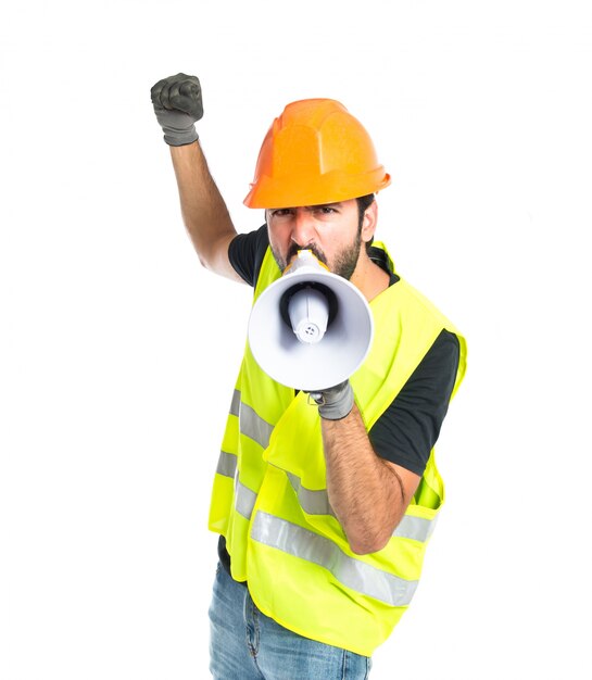 Workman shouting over isolated white background