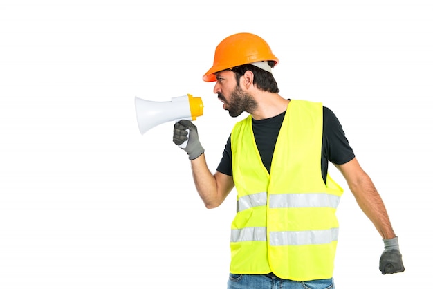 Workman shouting over isolated white background