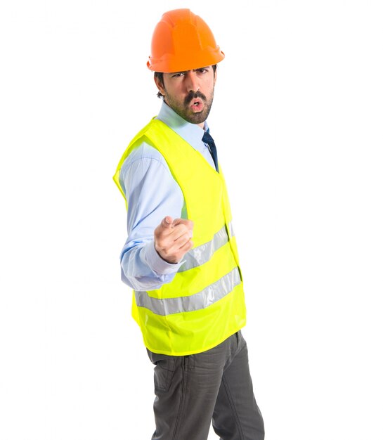 Workman shouting over white background