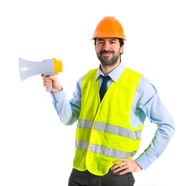 workman shouting over white background