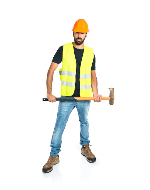 Workman with ax over white background