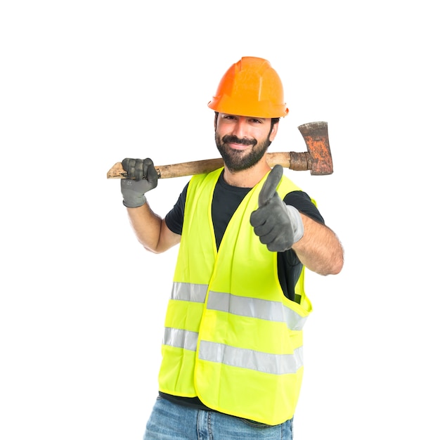 Workman with ax over white background