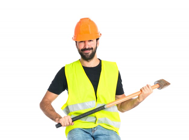 workman with ax over white background