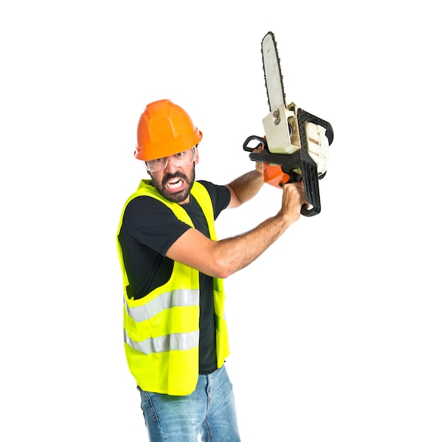 Free photo workman with chainsaw over white background