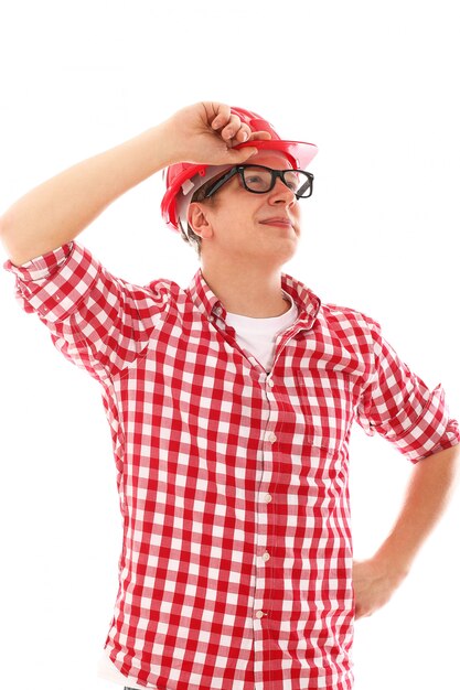 Workman with red hard hat