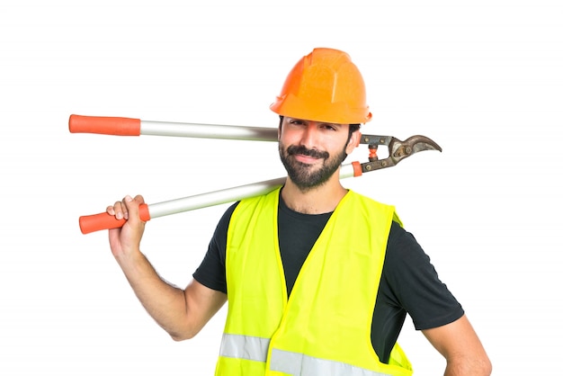 Workman with scissors mower over white background