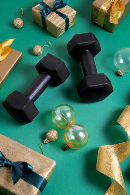 Workout equipment with christmas theme and decorations